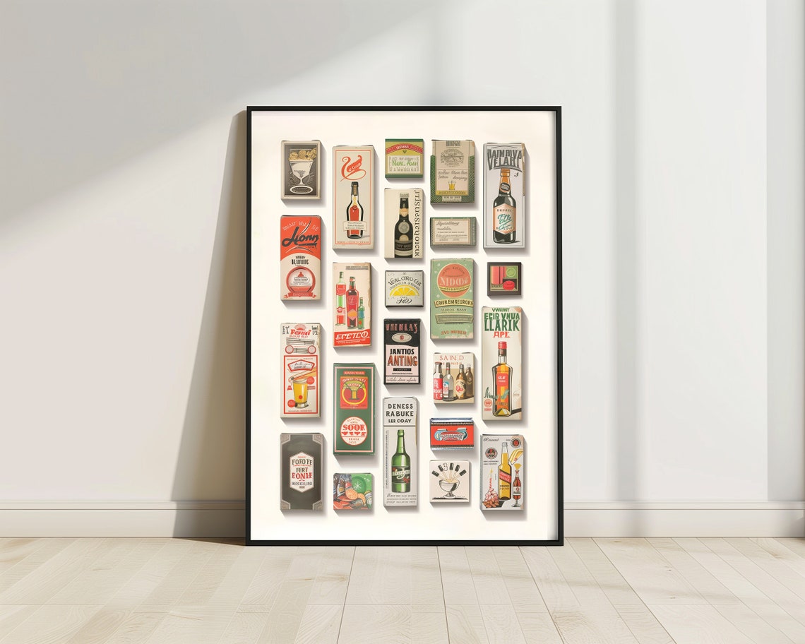 Retro Matchbox Bottle Label Grid Vintage Cocktail Decor Bar Wall Print