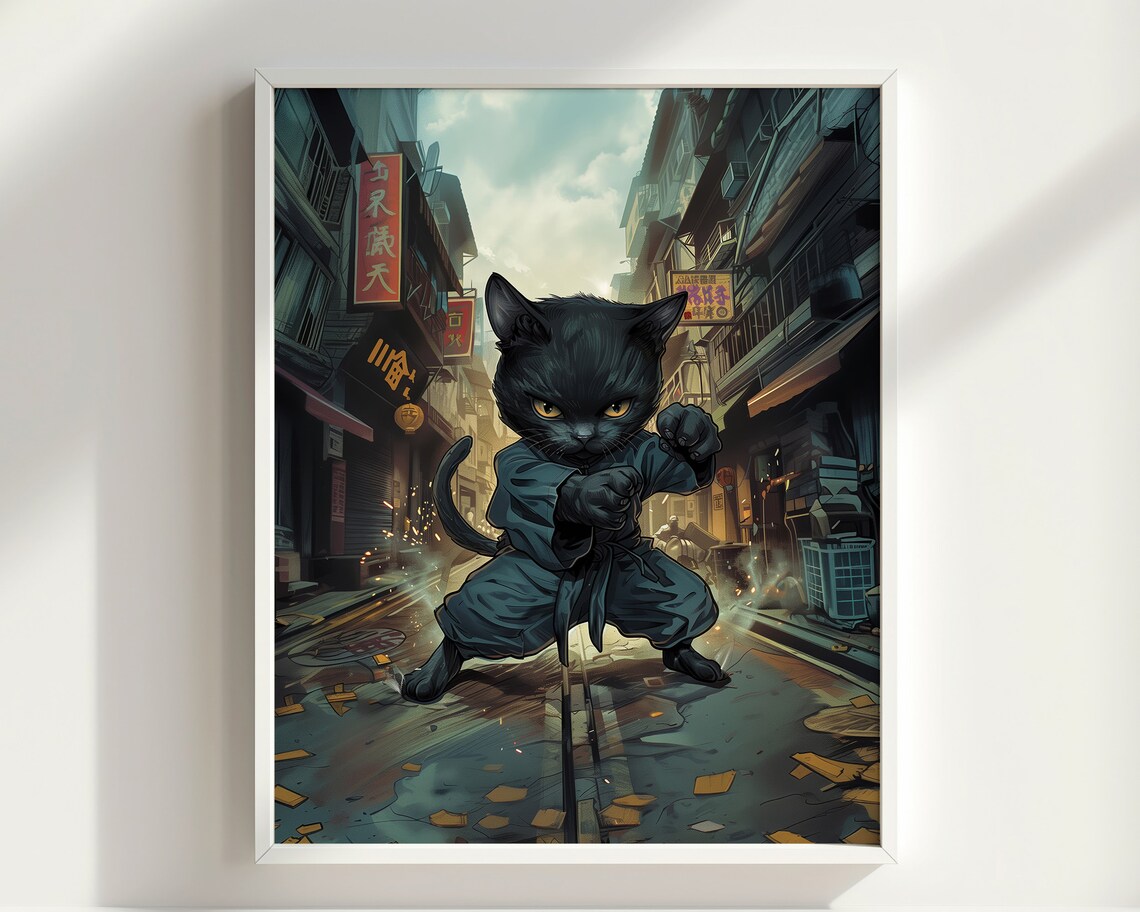 Kung Fu Black Cat Martial Arts Alley Anime Style Fierce Feline Poster - Image 2
