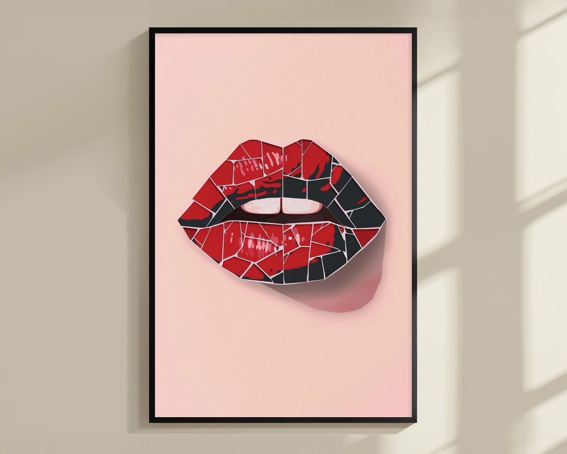 Red Mosaic Tile Lips Pink Pop Art Glam Modern Bold Beauty Poster