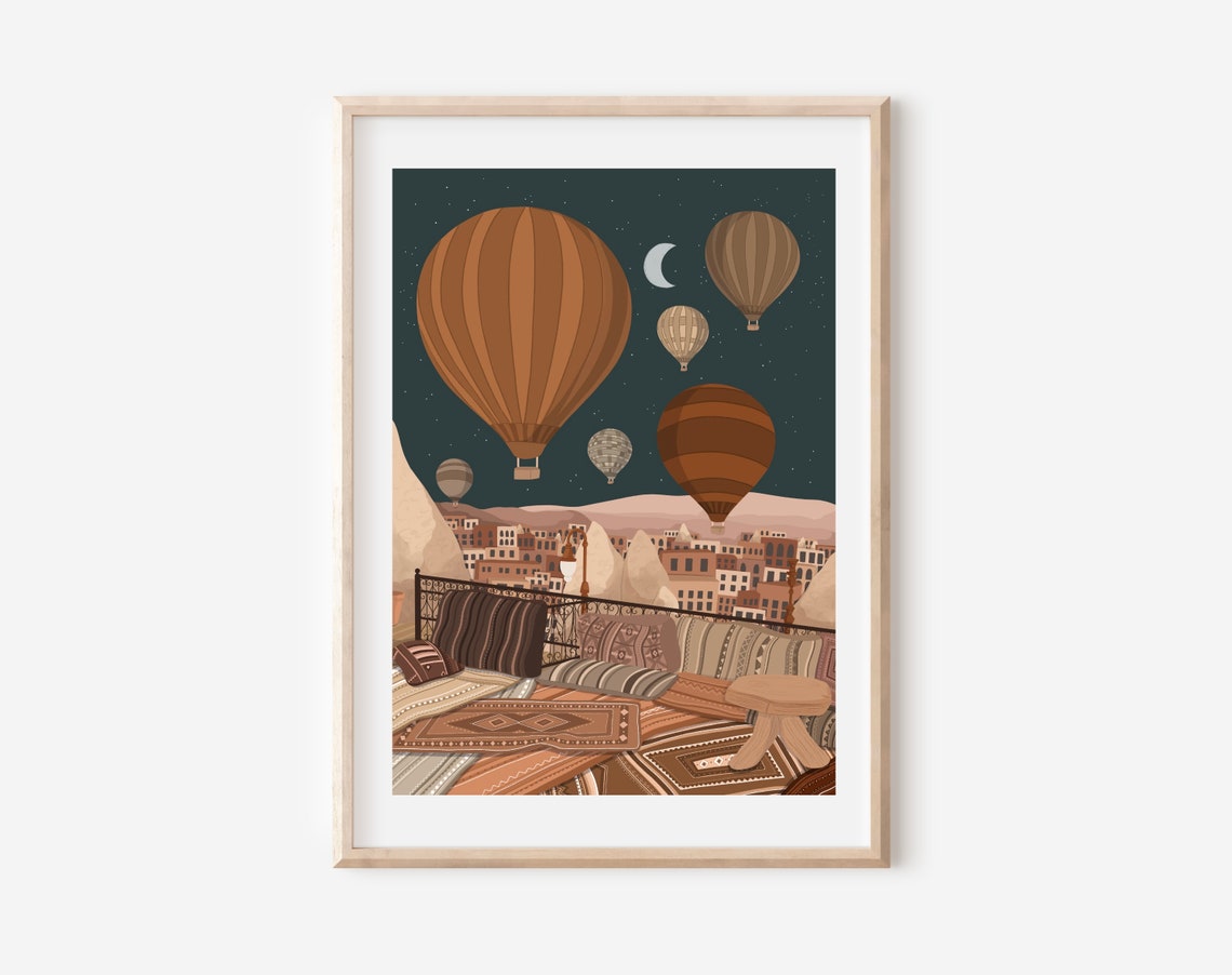 Cappadocia Turkey Hot Air Balloons Night Sky Rooftop Art Print - Image 4