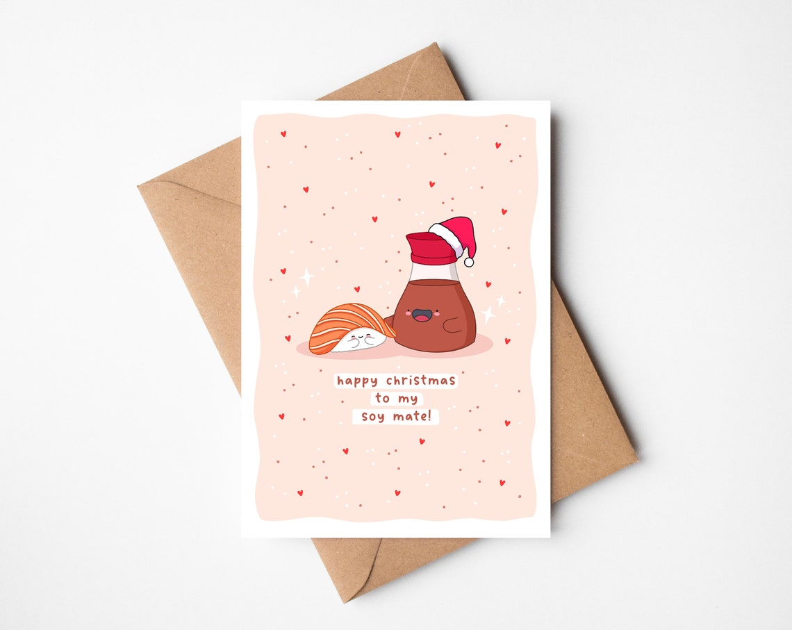 Kawaii Sushi Christmas Pun Poster with Soy Sauce Bottle Santa Hat - Image 3