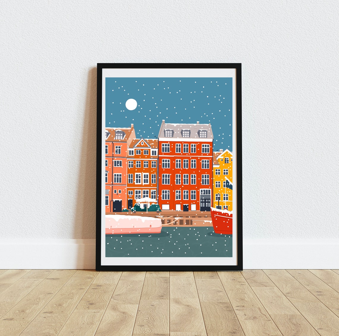 Copenhagen Nyhavn Denmark Snowy Winter Night Harbour Art Print - Image 5
