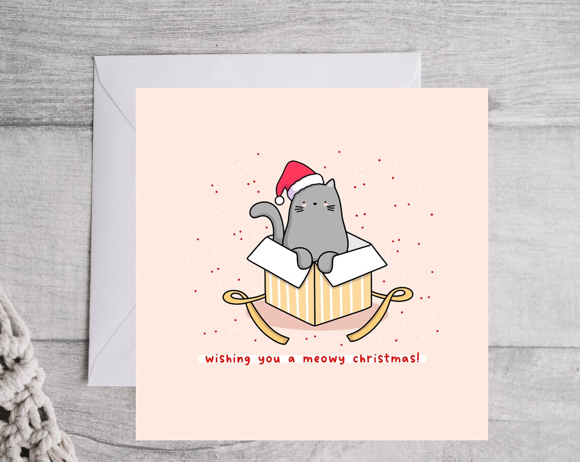 Wishing You A Meowy Christmas Cute Cat Gift Illustrated Card Print - Image 3