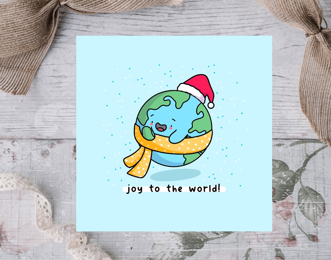 Joy To The World Cute Earth Globe Christmas Illustrated Card Print - Image 3