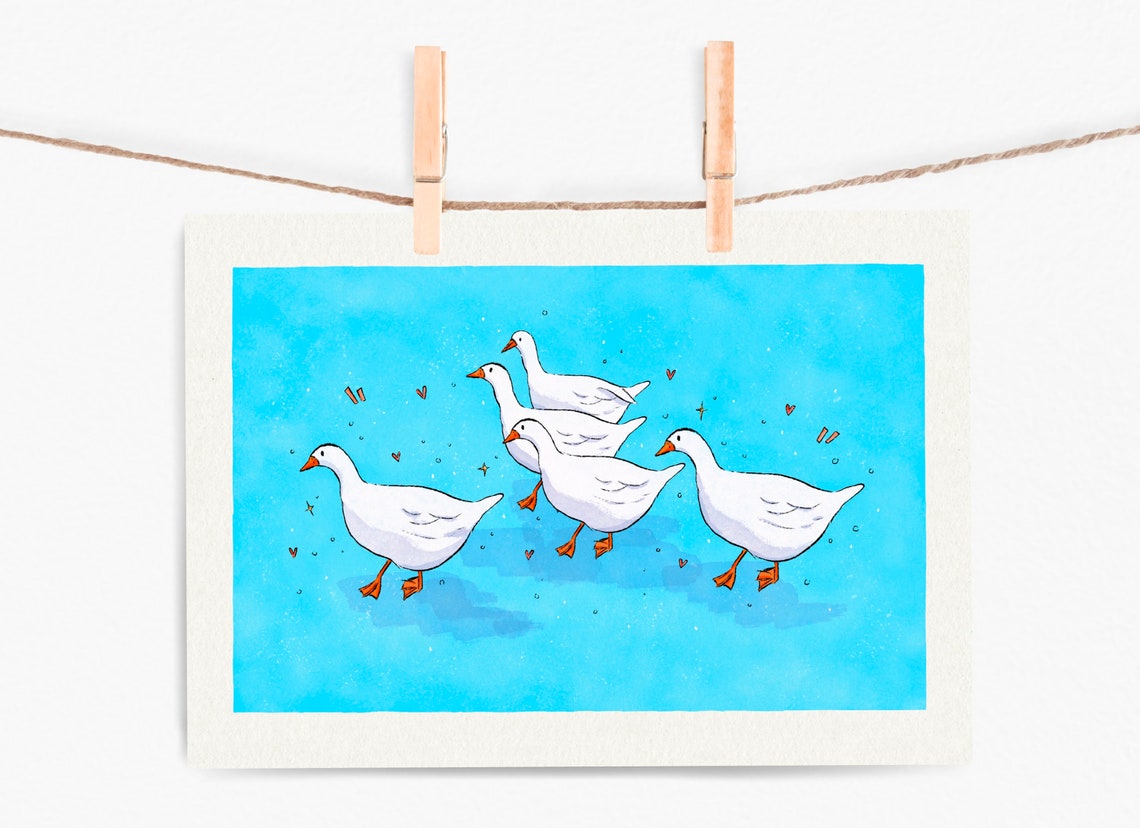 Five Happy White Geese Turquoise Watercolour Illustration Art Print