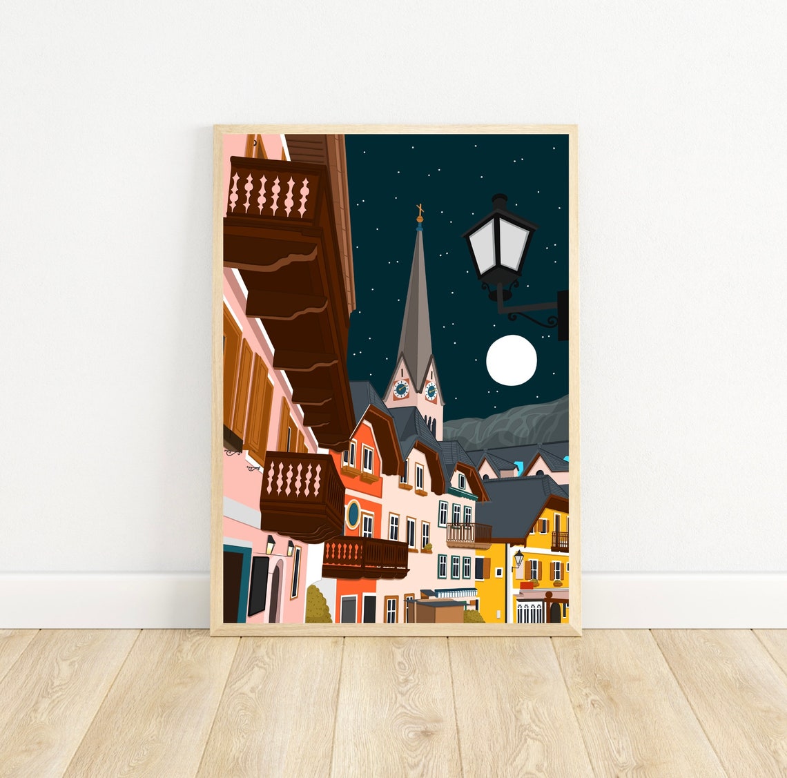 Hallstatt Austria Night Church Street Moonlit View Art Print - Image 5