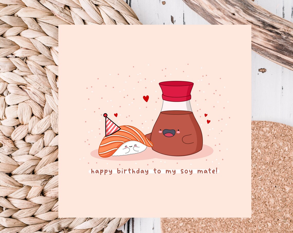 Happy Birthday To My Soy Mate Sushi Card Print On Blush Pink - Image 4