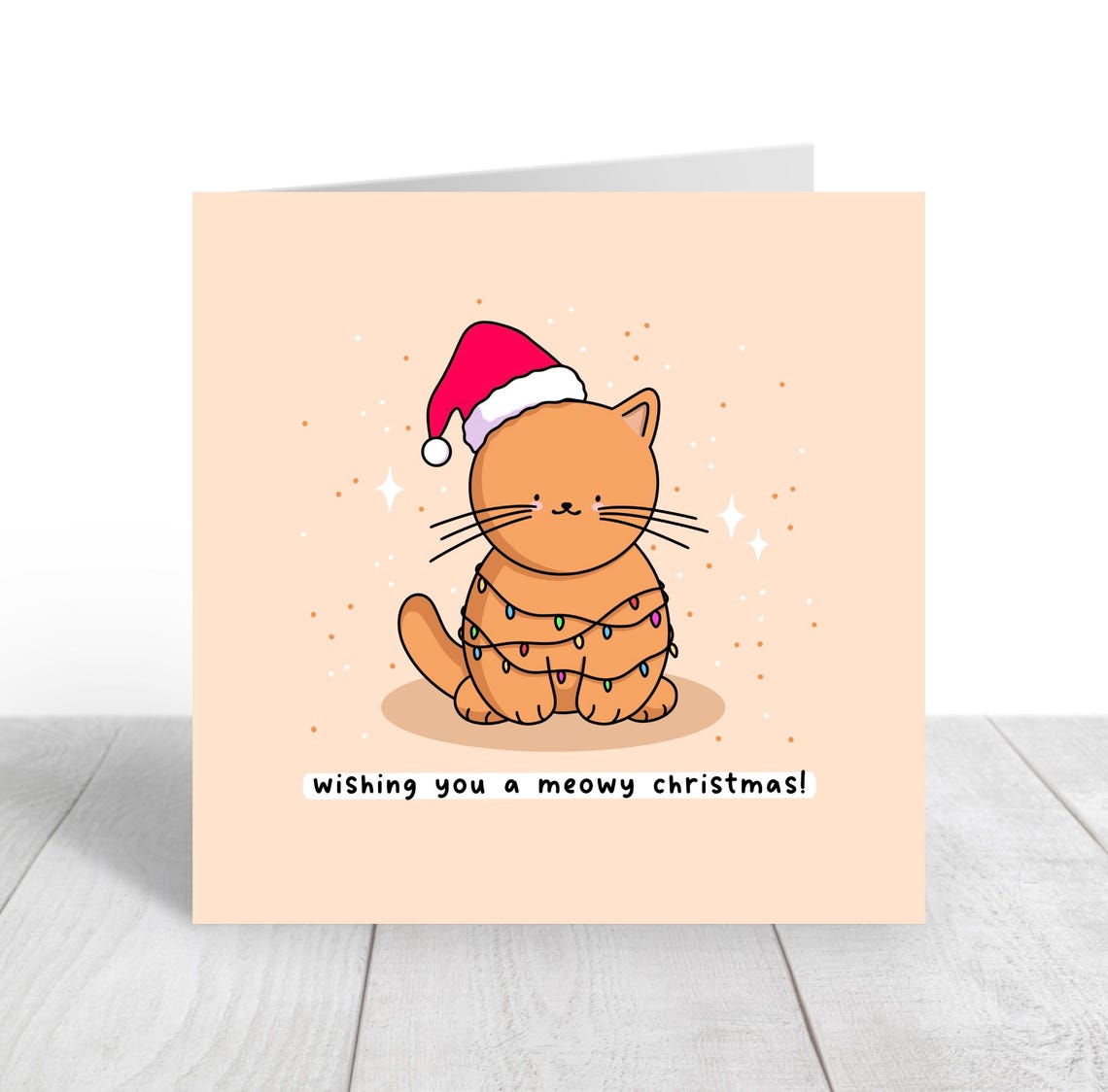 Kawaii Meowy Christmas Ginger Cat Santa Hat Fairy Lights Print - Image 3