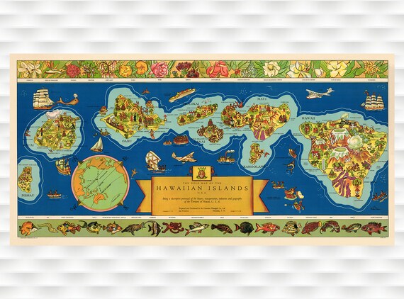 Hawaii 1937 Dole Map Vintage Prints