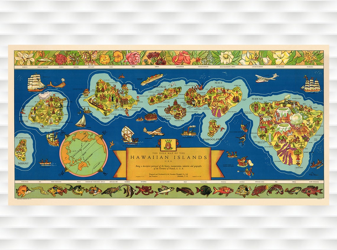 Hawaii 1937 Dole Map Vintage Prints