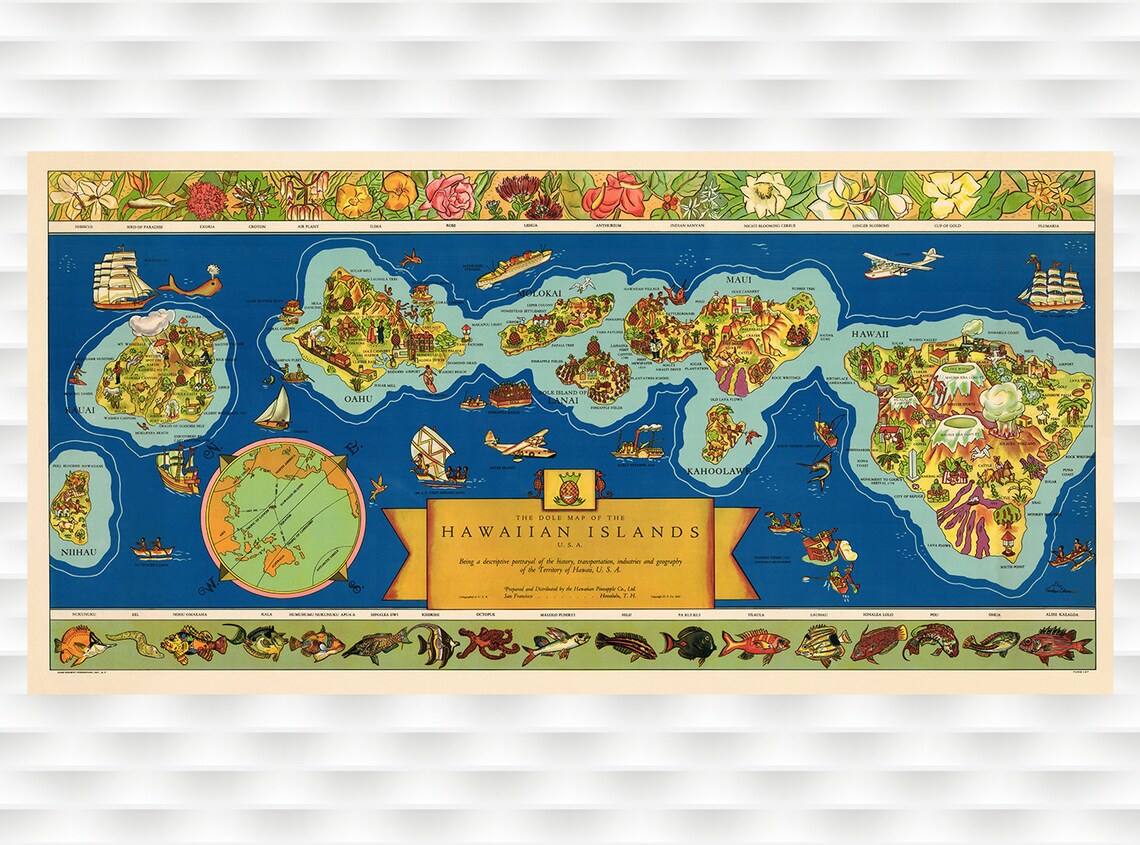 The Dole Map of the Hawaiian Islands Pictorial Vintage Map Poster
