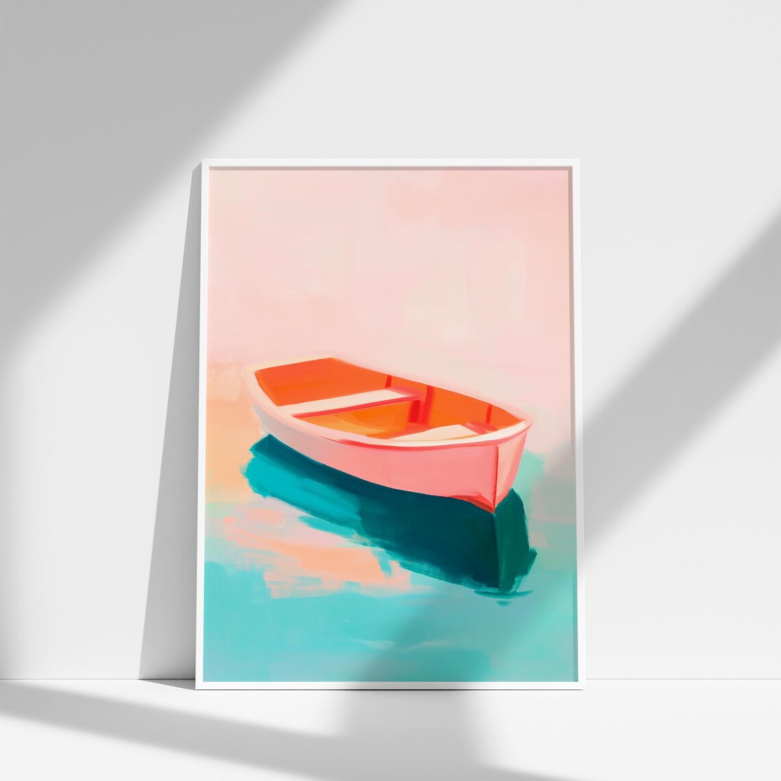 Pink Rowboat Floating on Turquoise Water Coastal Lake House Wall Art - Image 4