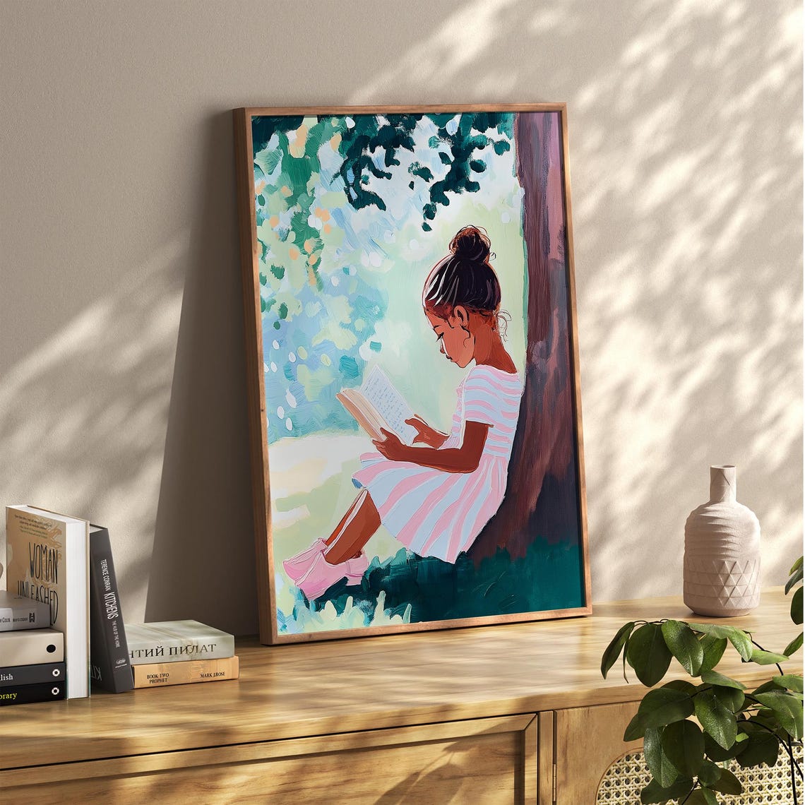 Black Girl Reading Under a Tree on a Summer Day Kids Room Poster - Image 5