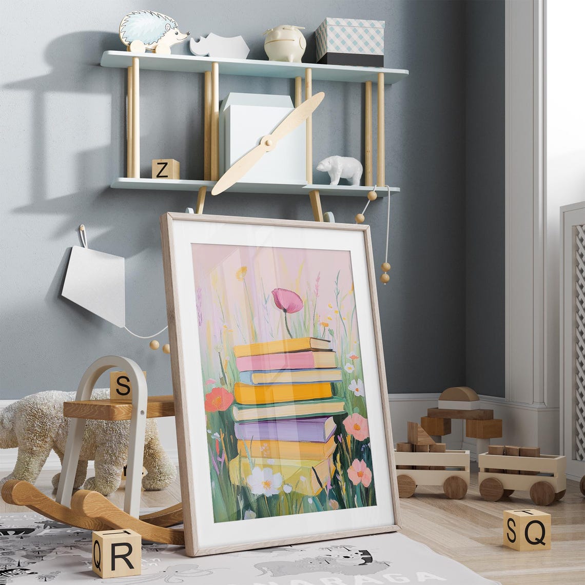 Pastel Book Stack in a Wildflower Meadow Under a Pink Sky Poster - Image 5