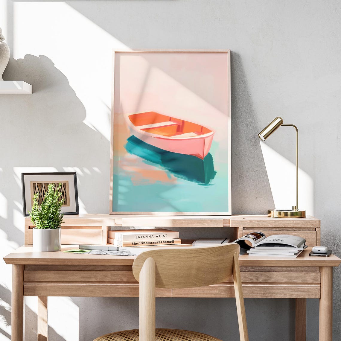 Pink Rowboat Floating on Turquoise Water Coastal Lake House Wall Art - Image 6