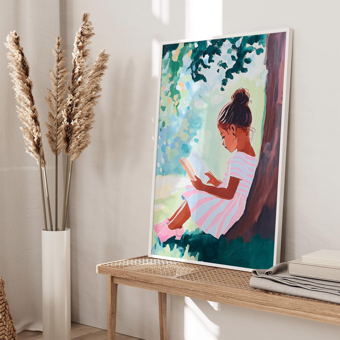 Black Girl Reading Under a Tree on a Summer Day Kids Room Poster - Image 2