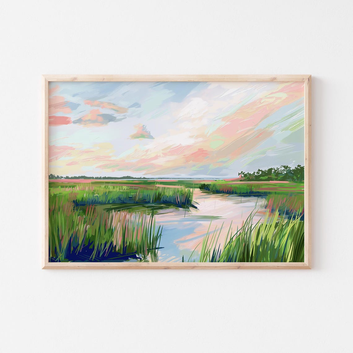 Lush Green Marsh Wetlands With Soft Pink Sky Reflections Poster - Image 5