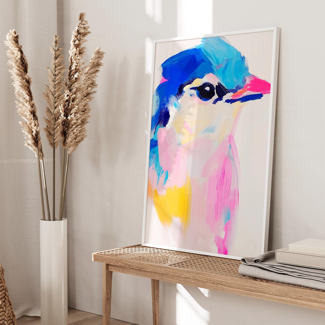 Colorful Abstract Bird Head in Blue Pink Modern Bird Decor Poster - Image 3