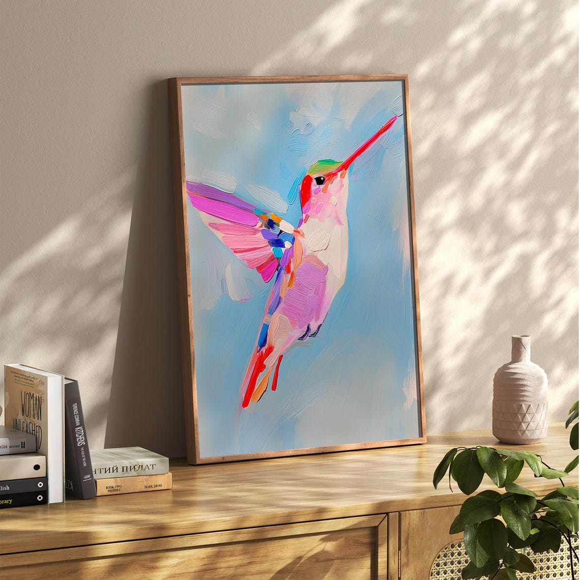 Rainbow Hummingbird in Flight Blue Sky Bird Lover Nature Poster - Image 2