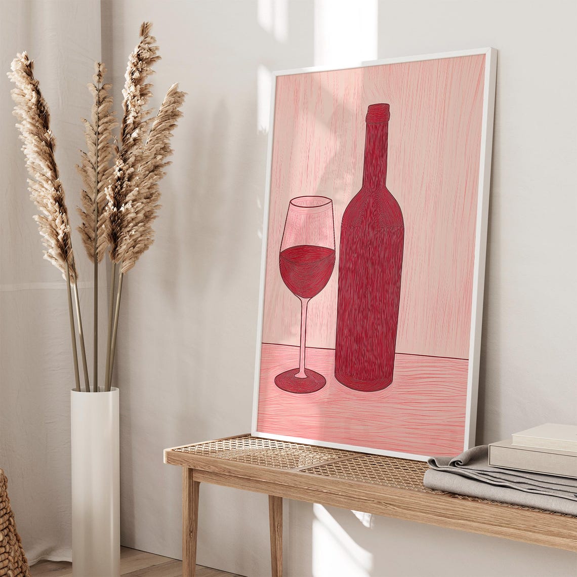 Red Wine Bottle and Wine Glass on Blush Pink Kitchen Decor Poster - Image 3