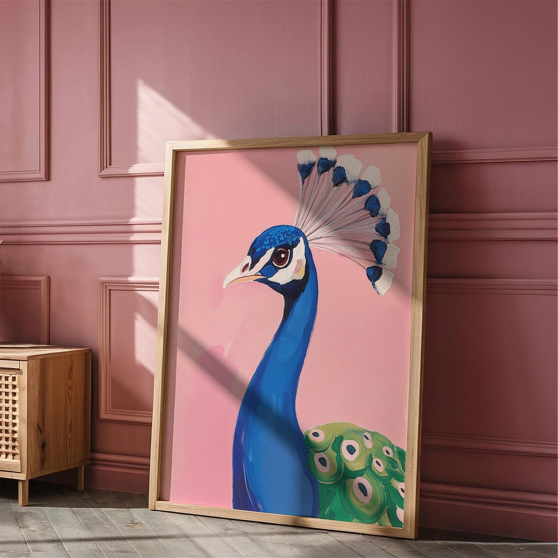 Regal Blue Peacock Portrait on Pink Bird Lover Wall Decor Poster - Image 5
