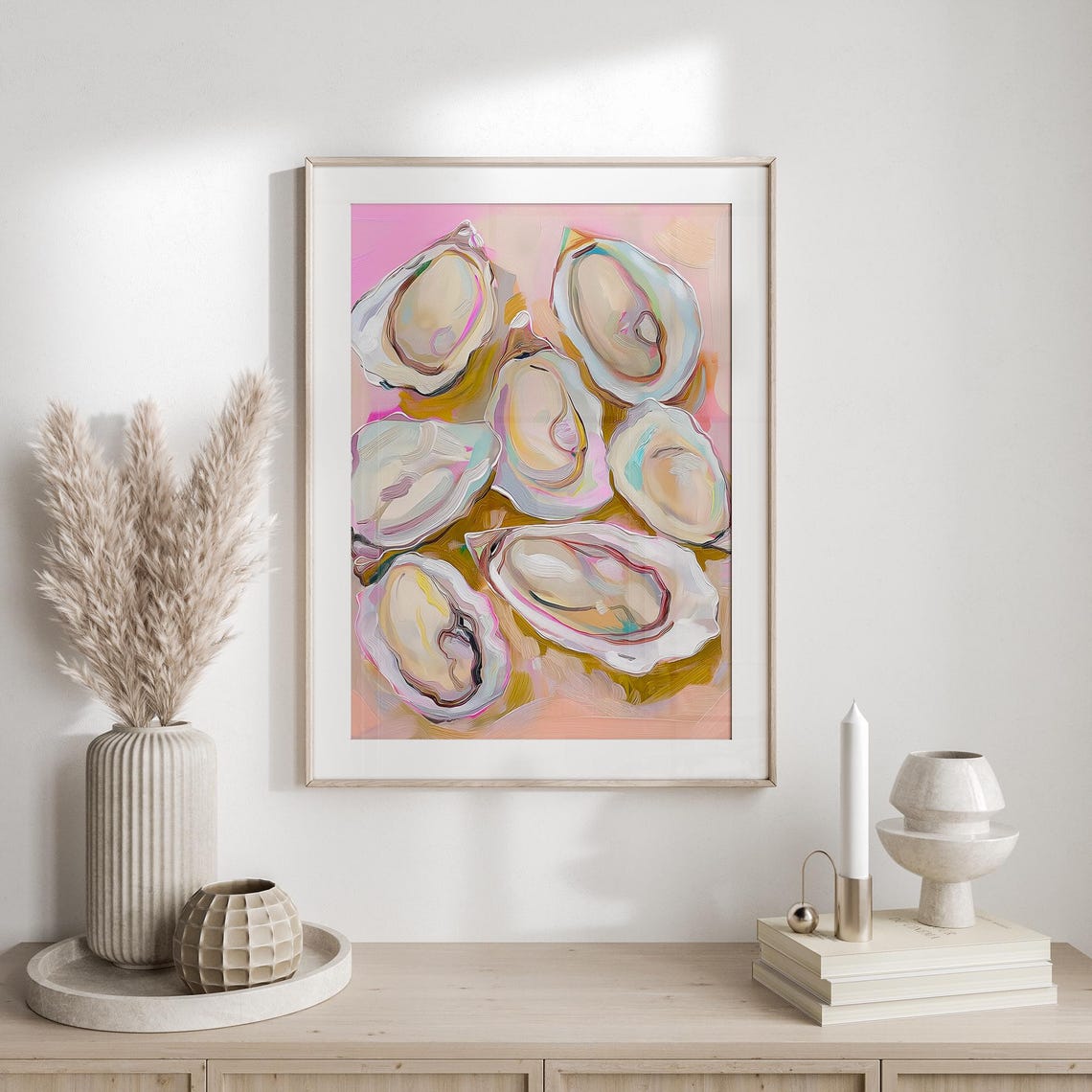 Pastel Pink Oyster Shell Painting Coastal Beach Kitchen Wall Art - Image 3