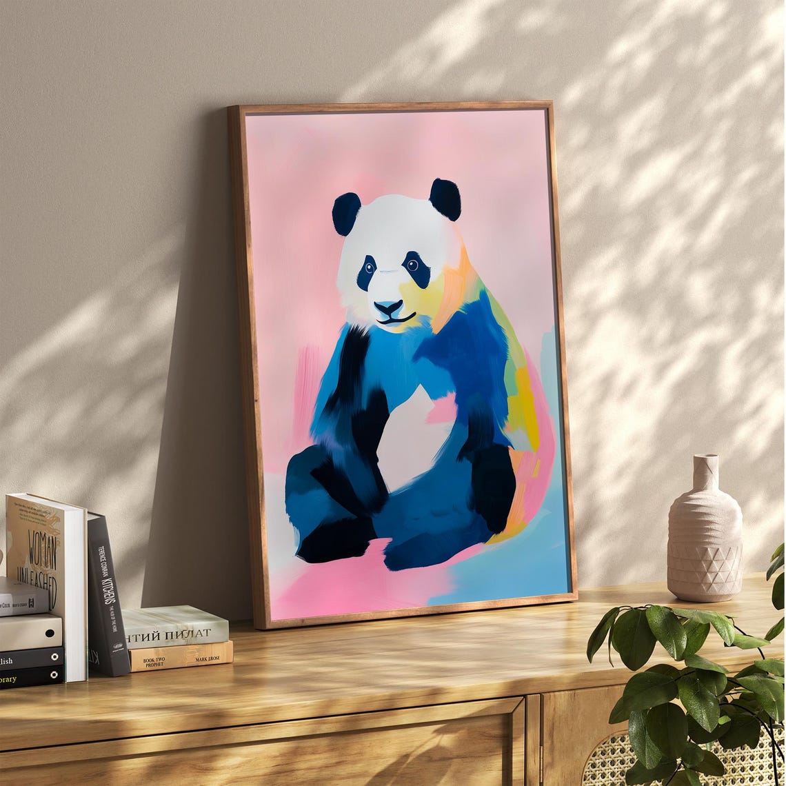 Colorful Abstract Panda Bear Portrait on Pink Background Art Poster - Image 2