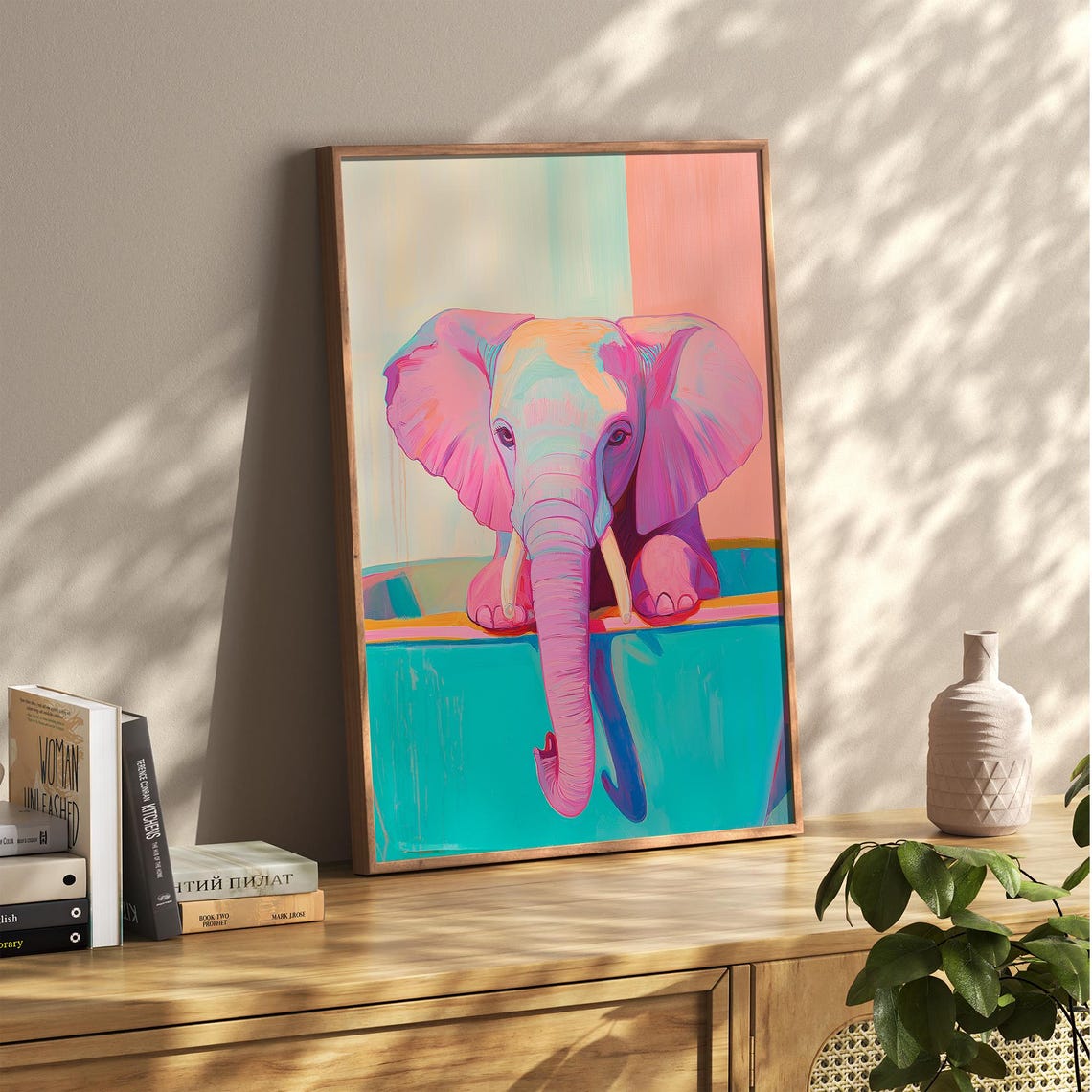 Pastel Pink Elephant in Turquoise Bathtub Whimsical Bathroom Poster - Image 2
