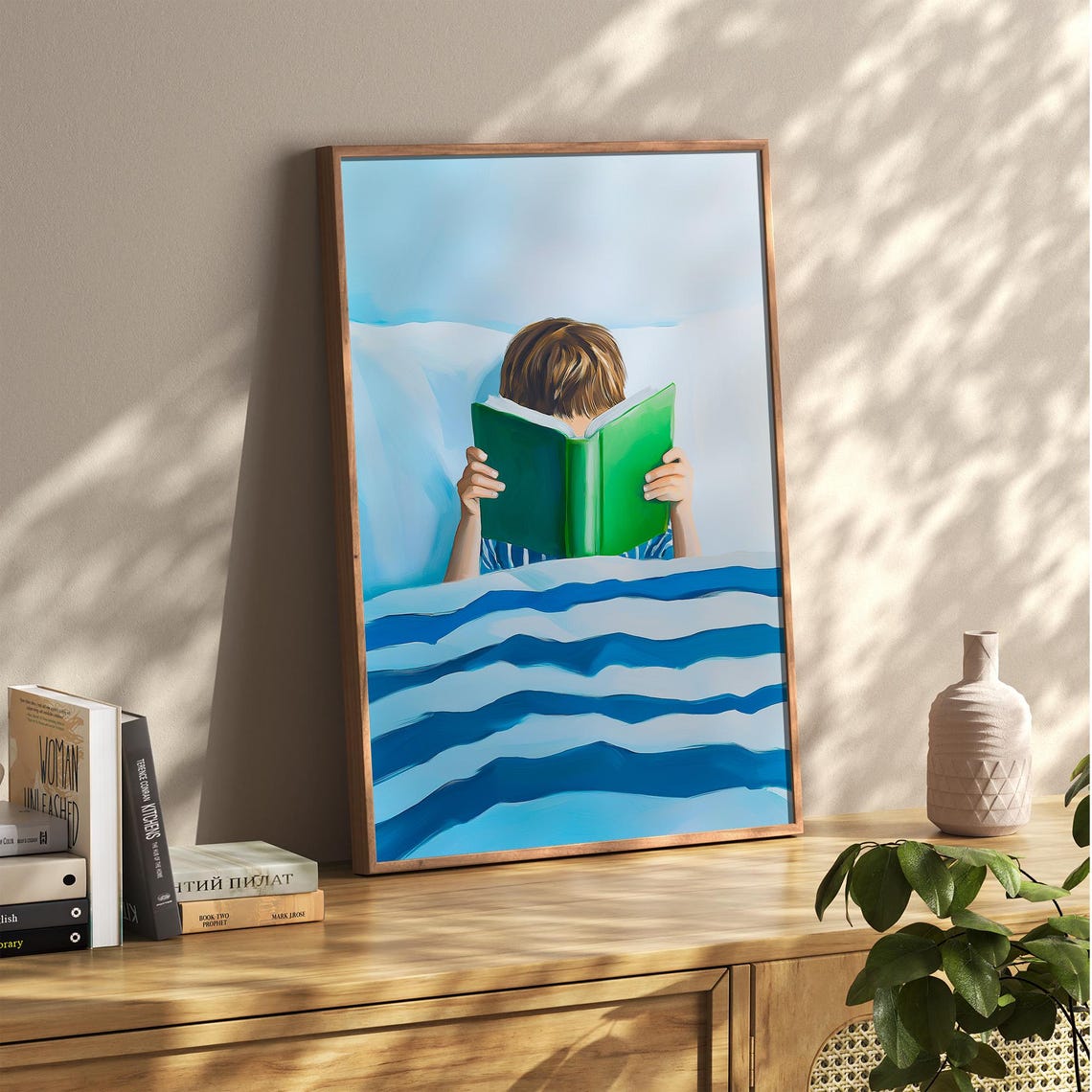 Little Boy Reading Green Book in Striped Bed Blue Bedroom Poster - Image 2