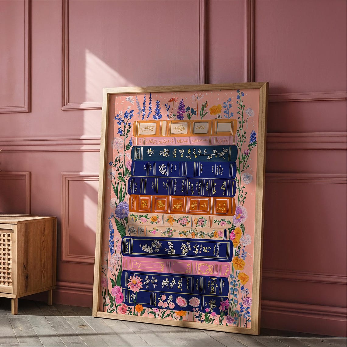 Wildflower Book Stack Reading Nook Colorful Library Lover Wall Art - Image 4