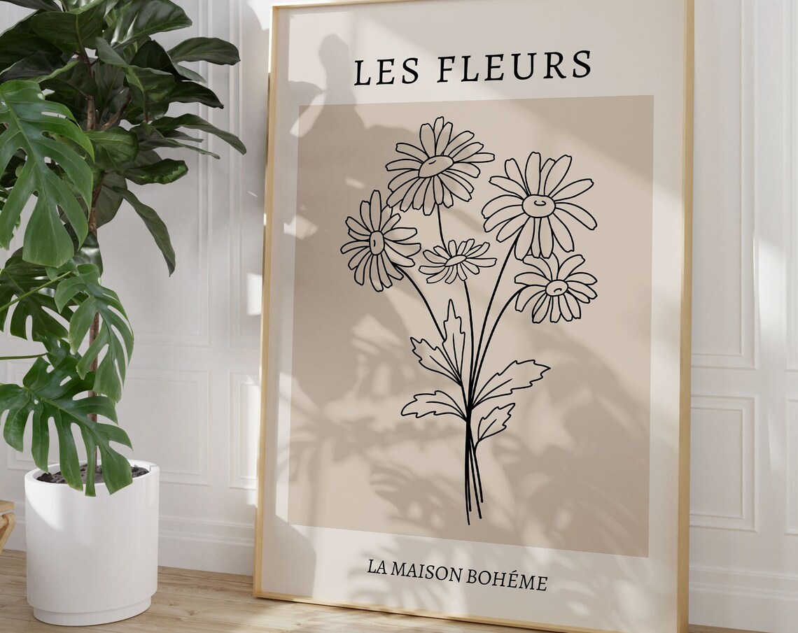Les Fleurs Daisy Line Drawing Beige French Boho Chic Art Poster