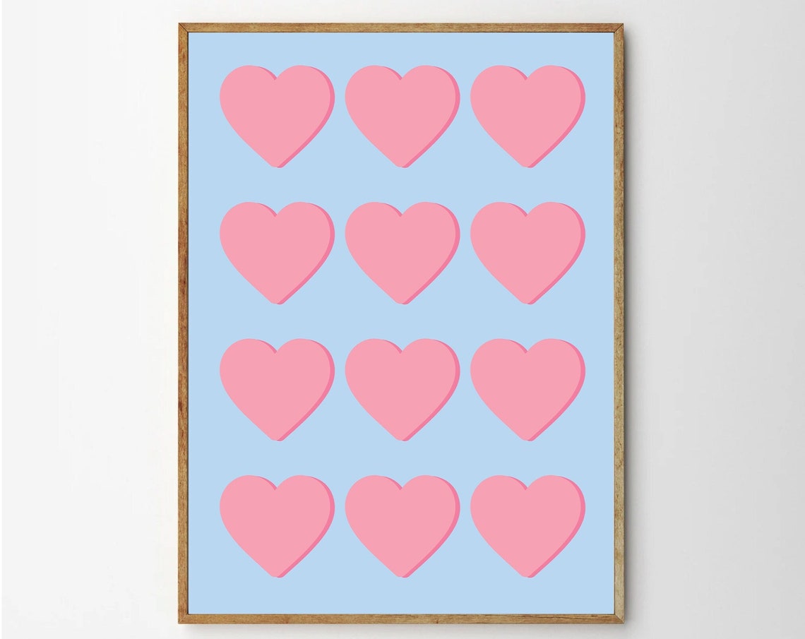 Pink Hearts Repeat Pattern Blue Background Pop Art Wall Poster