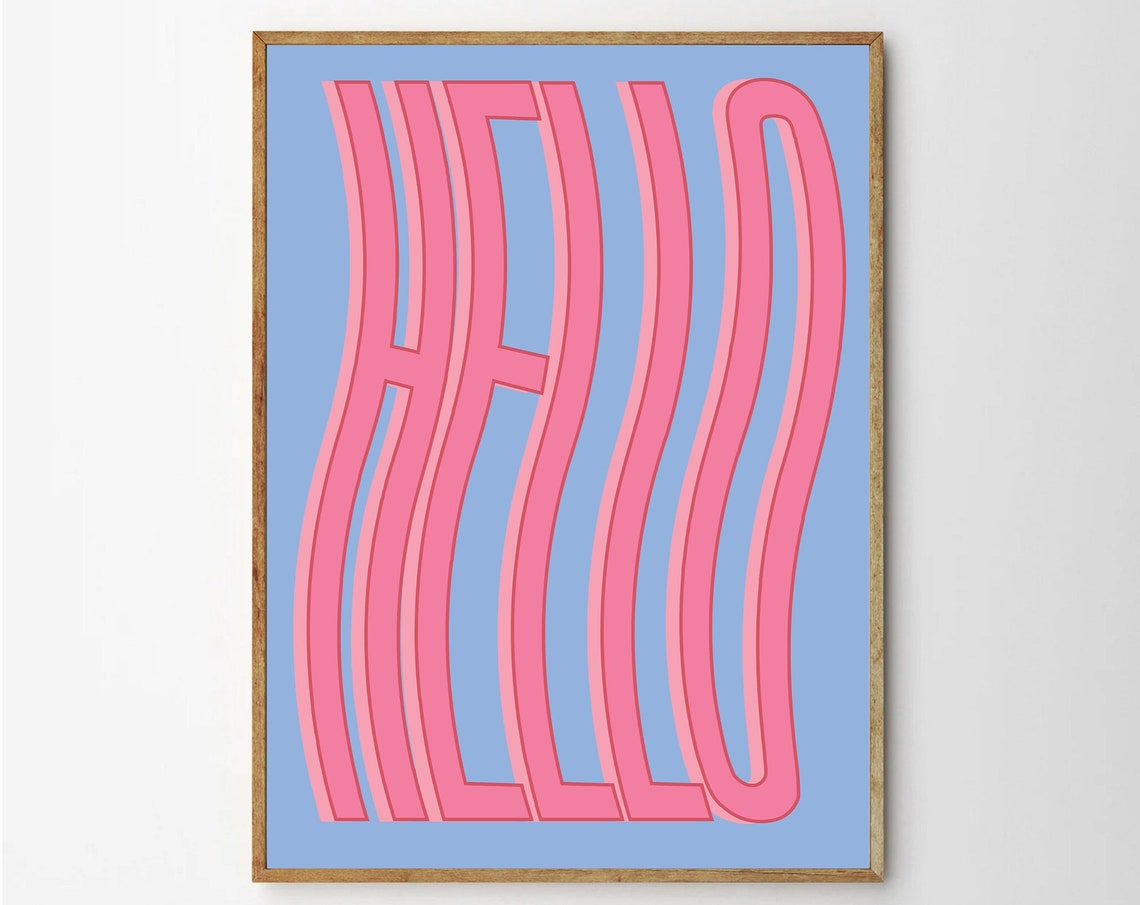Hello Wavy Retro Fun Typography Pink On Blue Word Art Poster