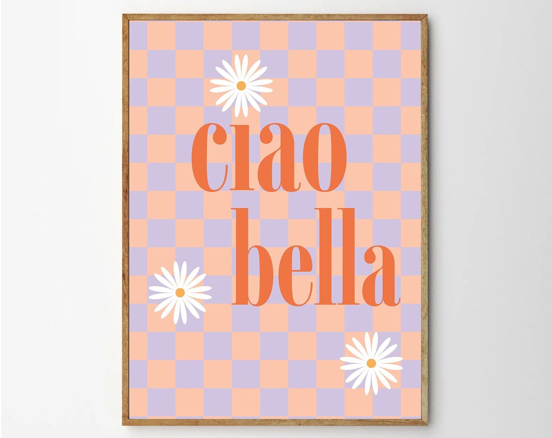 Ciao Bella Pastel Checkered Italian Daisy Word Art Pop Poster