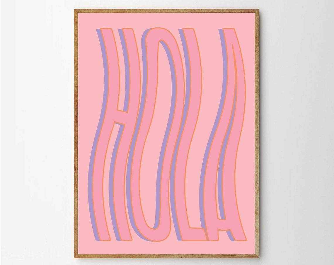 Hola Big Wavy Retro Pink Groovy Typography Pop Art Wall Poster