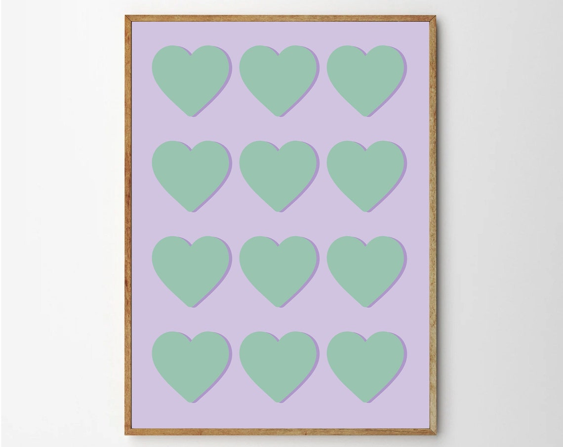 Mint Green Hearts Repeat Pattern on Lilac Pop Art Wall Poster