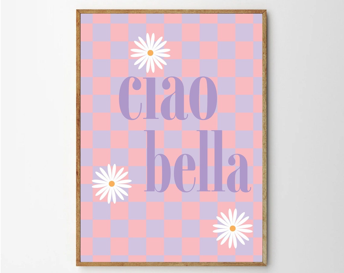 Ciao Bella Checkered Pastel Daisy Word Art Typography Poster