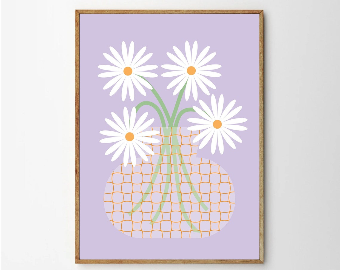 White Daisy Bouquet in Checkered Vase Pastel Botanical Floral Poster
