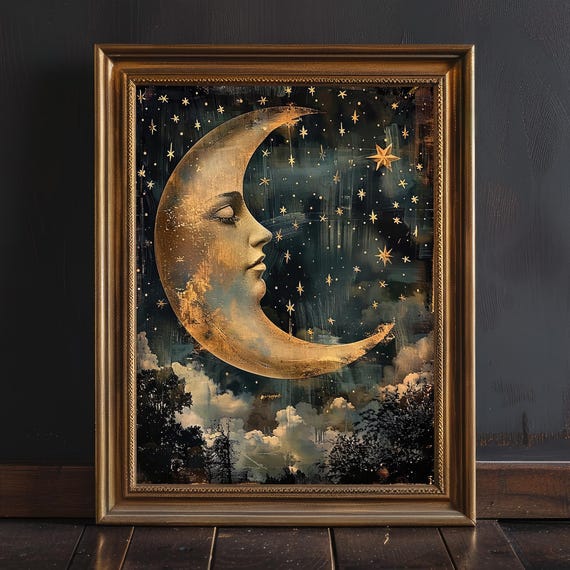 Moody Moon Stars Art Print, Dark Academia Decor