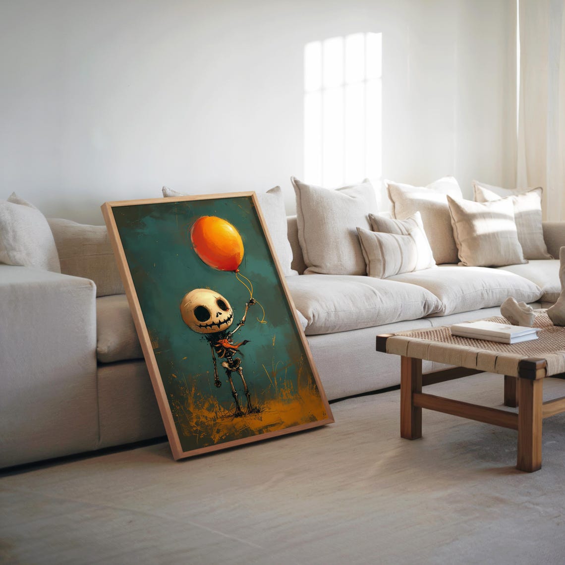 Skeleton Balloon Art Print Vibrant Warm Tones Painting Medium Size Unique Home Decor Wall Halloween Decoration