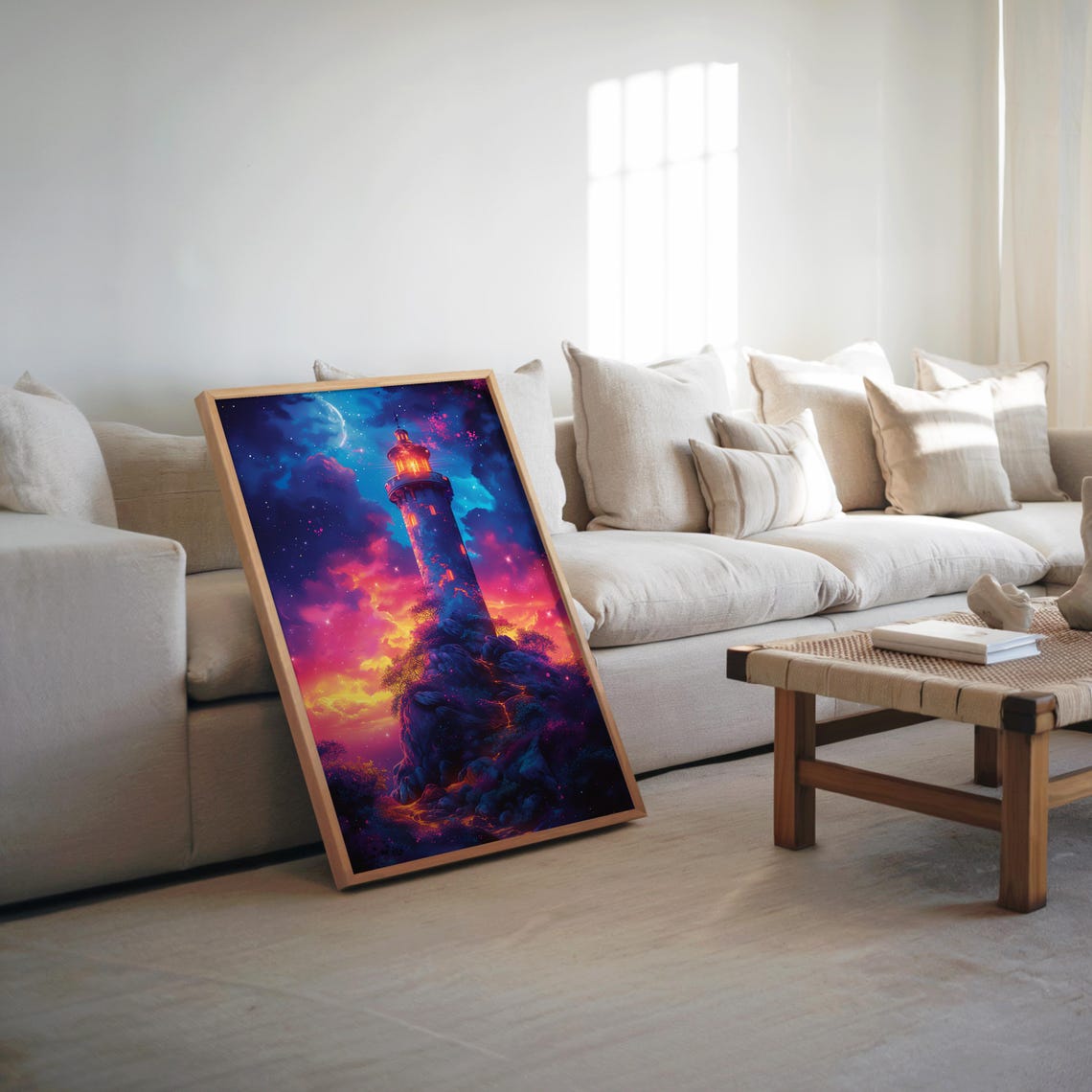 Psychedelic Vaporwave Lighthouse Neon Pink Night Sky Dreamy Poster