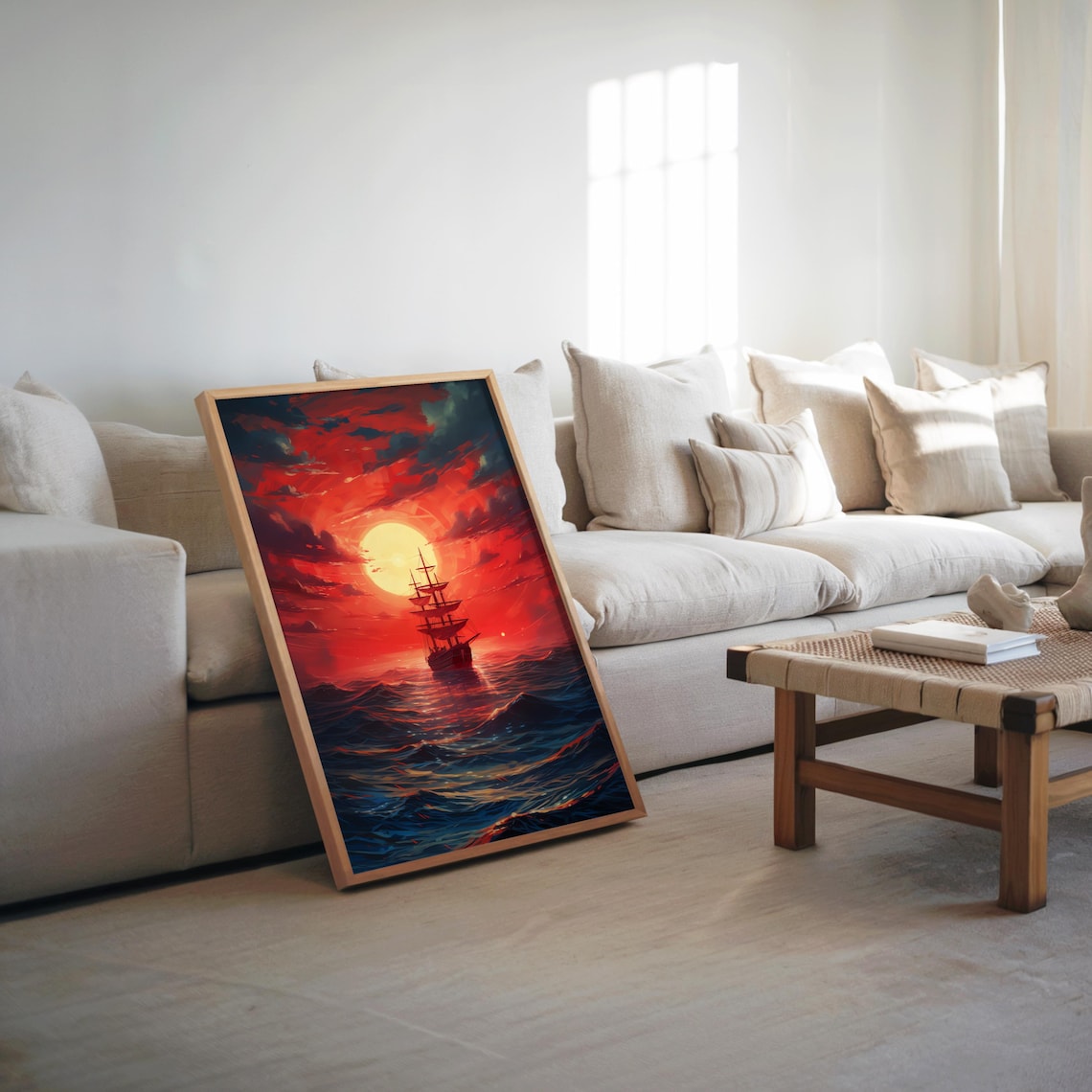 Tall Ship Crimson Sunset Sail Ocean Painting Dramatic Nautical Poster
