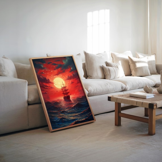 Tall Ship Crimson Sunset Sail Ocean Painting Dramatic Nautical Poster