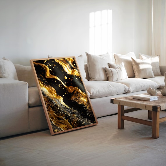Black And Gold Abstract Fluid Swirl Luxe Marble Effect Wall Art