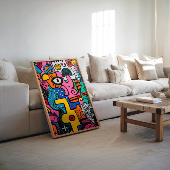 Maximalist Memphis Abstract Face Poster Vibrant Colorful Doodle Art