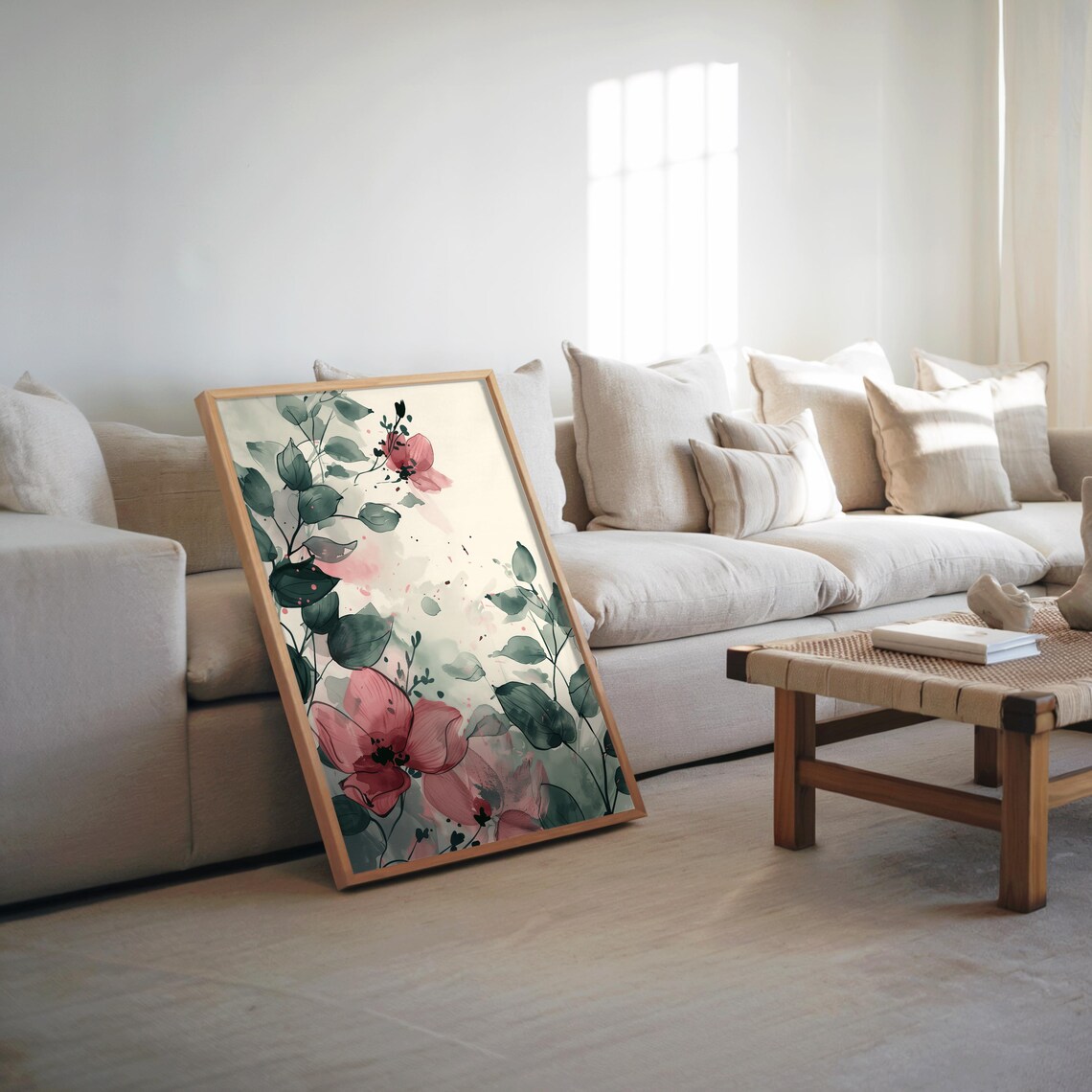 Soft Pink Watercolor Flowers Green Leaves Botanical Art Poster