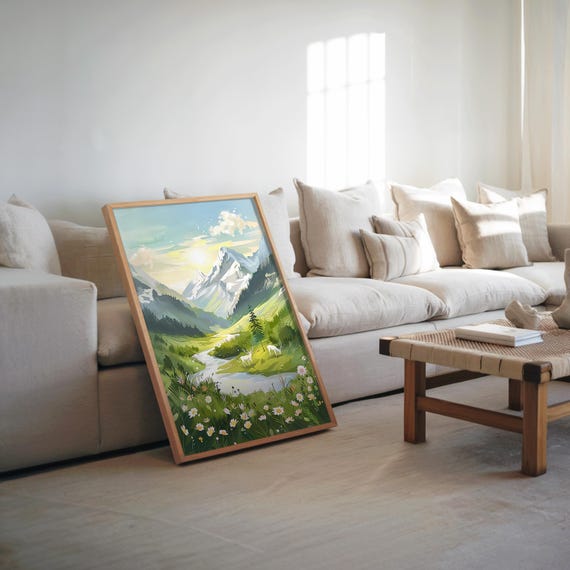 Pastel Dreamy Vibe Impressionistic Mountain River Art Vibrant Poster Modernism Nature Scene Vector Illustration
