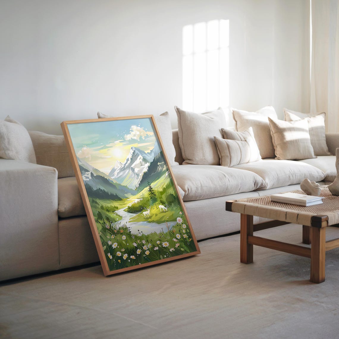 Pastel Mountain River Valley Daisy Dreamy Spring Landscape Poster