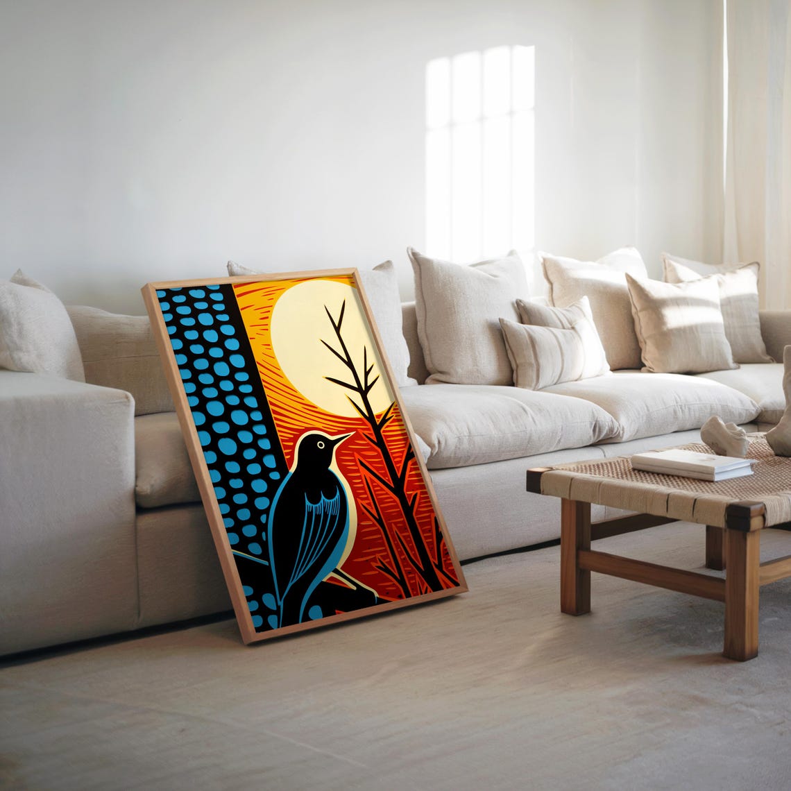 Blackbird Perched on a Branch Against a Blazing Orange Sun Poster