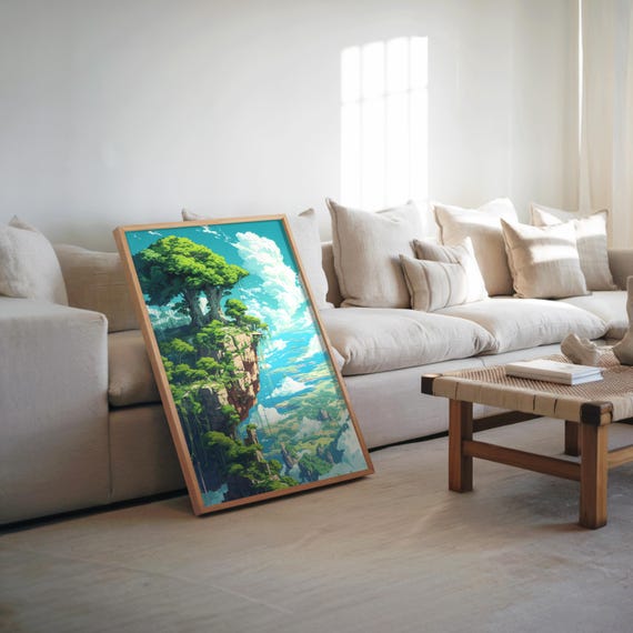 Anime Lofi Dreamy Cliff And Sky Pixel Art Vibrant Acrylic Tree Painting Cool Colors Poster Highly Detailed Chill